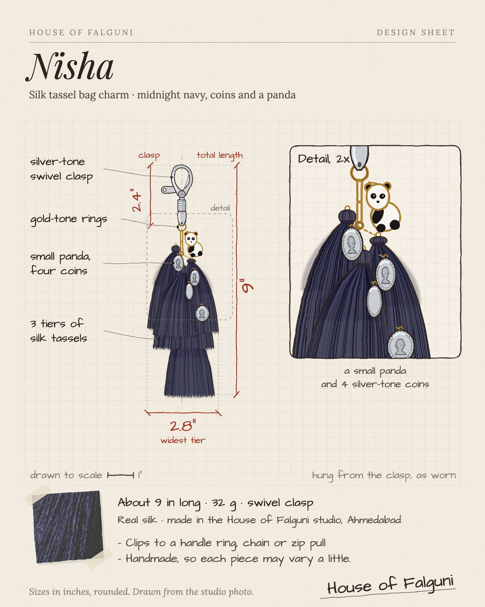 Size sketch of the Nisha silk tassel bag charm: about 9 inches long, 32 g, silver-tone swivel clasp