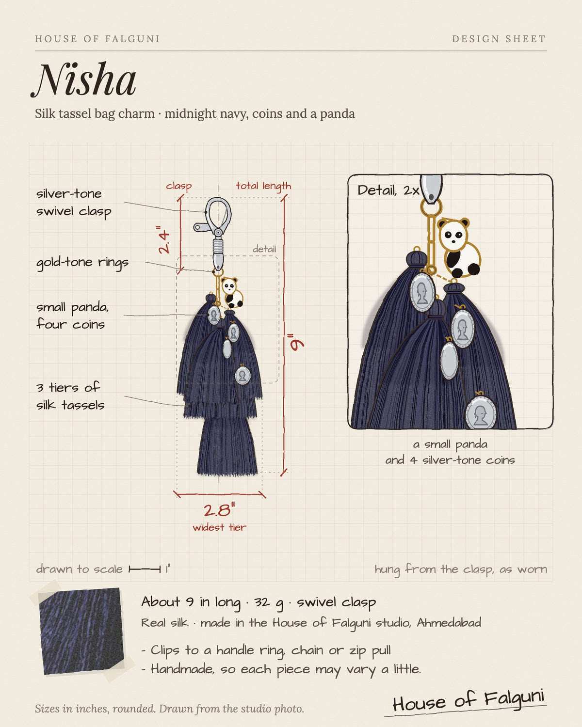 Size sketch of the Nisha silk tassel bag charm: about 9 inches long, 32 g, silver-tone swivel clasp
