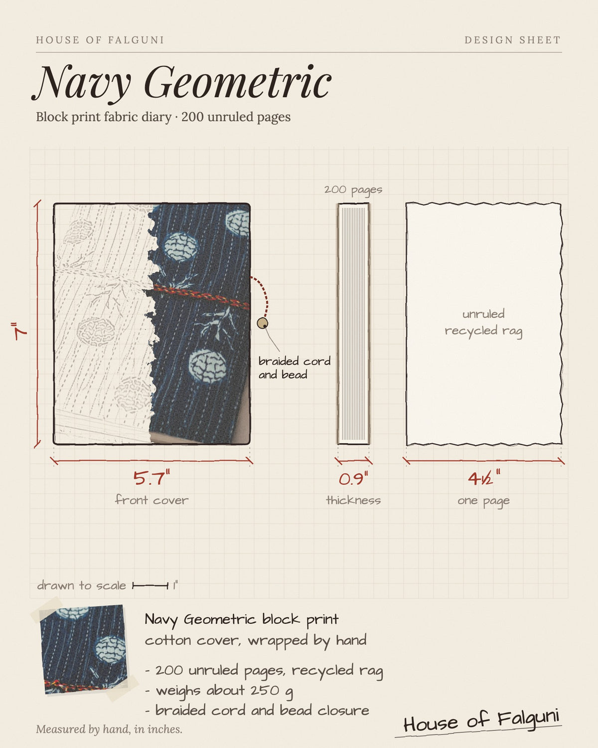 Size sketch of the Navy Geometric Block Print Fabric Diary, 200 Unruled Pages, drawn to scale in inches: 5.7 × 7 in, 0.9 in thick, 200 pages, 250 g. House of Falguni design sheet.