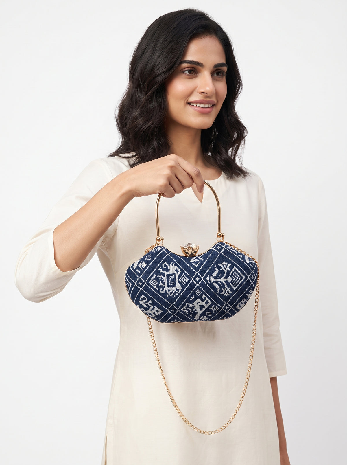 Neel Riwayat Mashru Silk Handbag styled on model (AI-generated styling image)