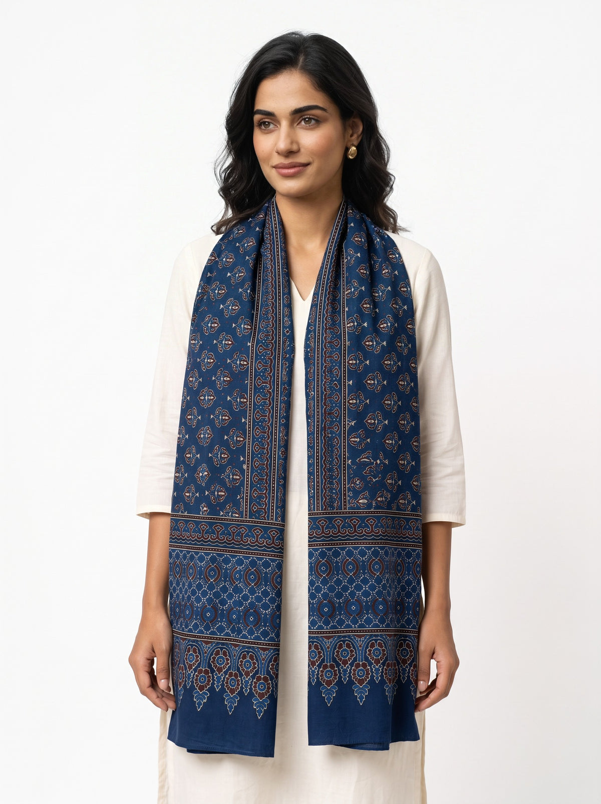 Nilufar modal silk stole in indigo blue Ajrakh print styled on model (AI-generated styling image)