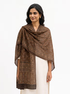 Nilufar modal silk stole in brown Ajrakh print styled on model (AI-generated styling image)