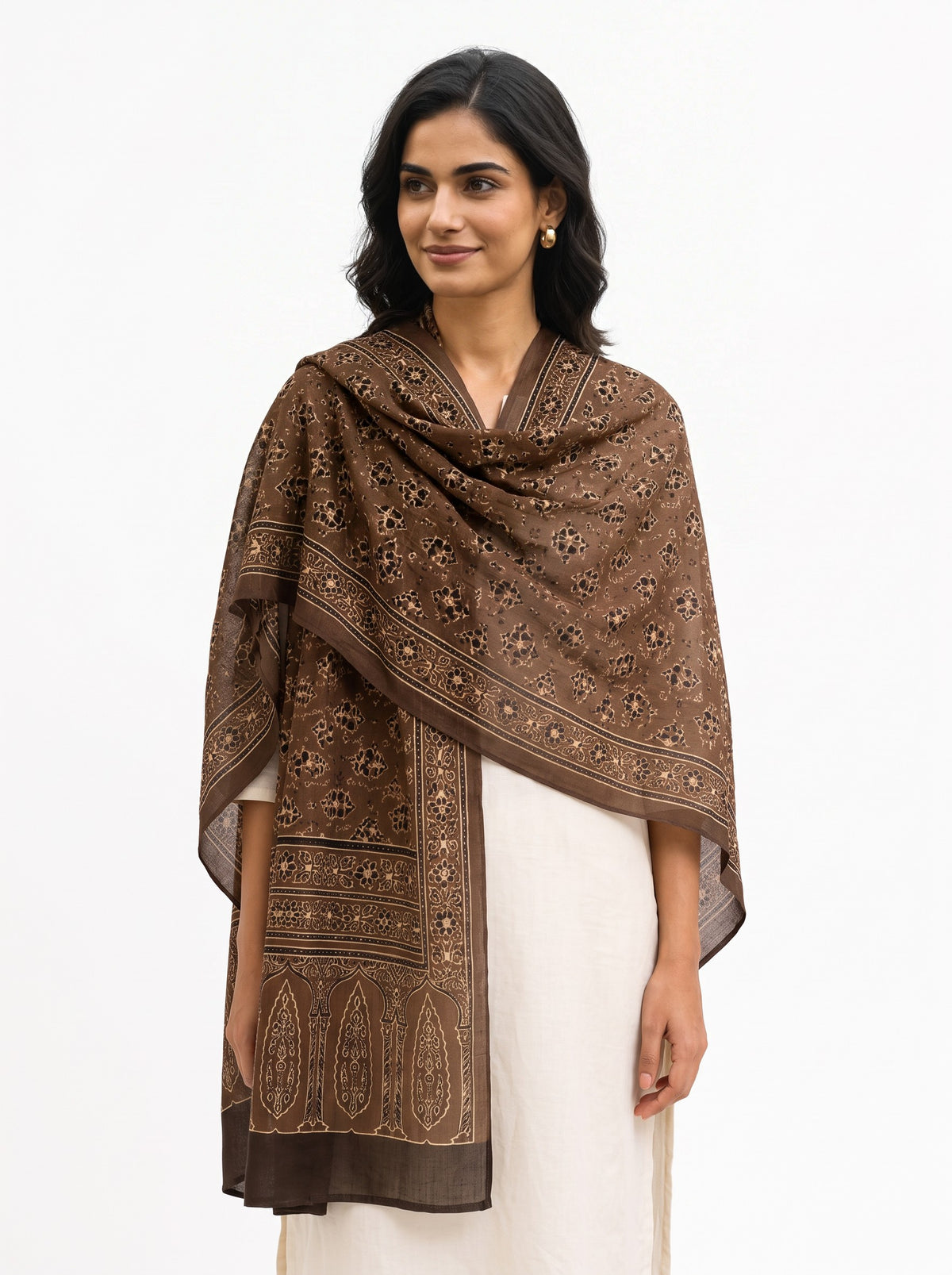 Nilufar modal silk stole in brown Ajrakh print styled on model (AI-generated styling image)