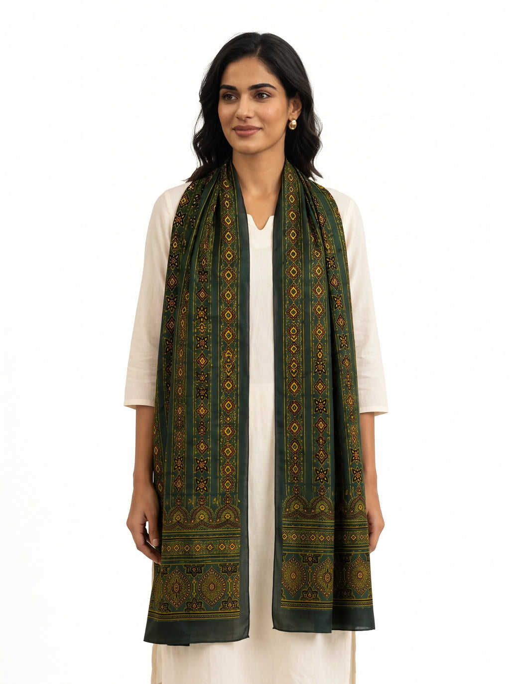 Nilufar modal silk stole in green Ajrakh print styled on model (AI-generated styling image)