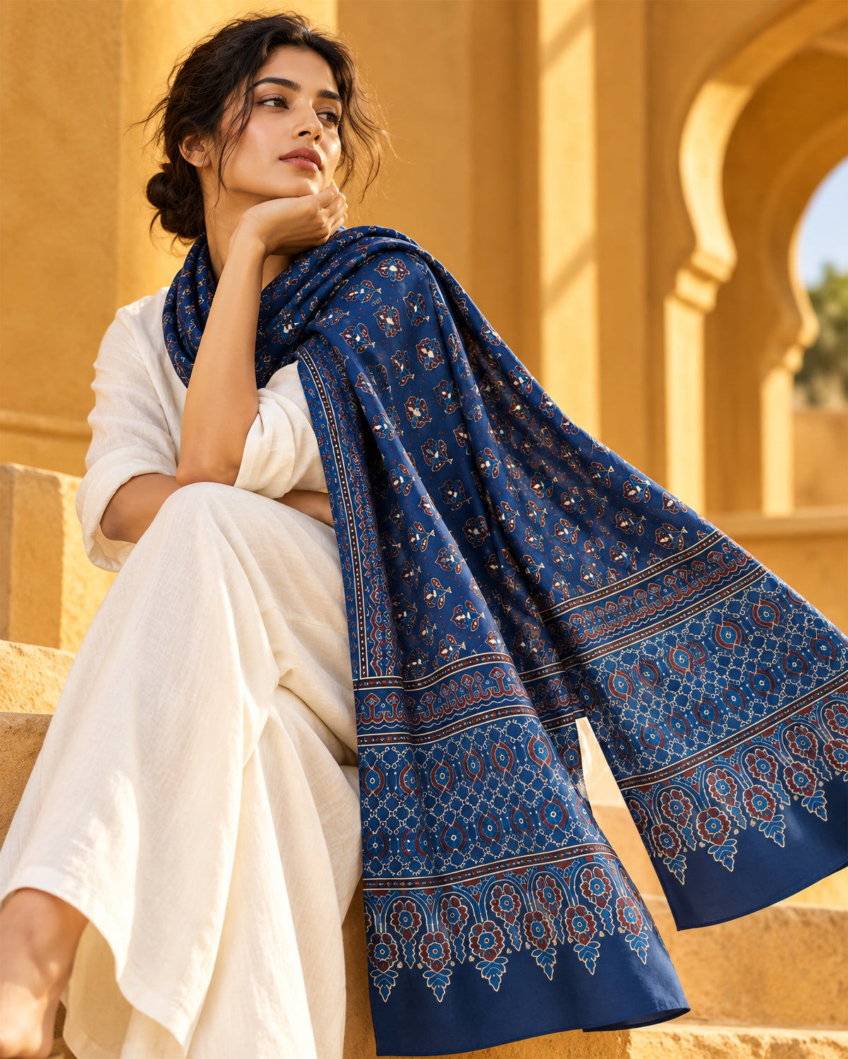 Navy Ajrakh modal silk stole worn over an ivory outfit in warm sunlight under stone arches