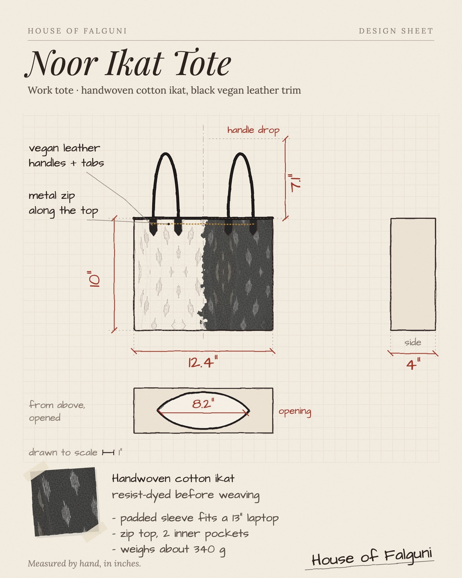 Size sketch of the Noor Black Ikat Laptop Tote Bag, drawn to scale in inches: 12.4 × 10 × 4 in, 7.1 in handle drop. House of Falguni design sheet.