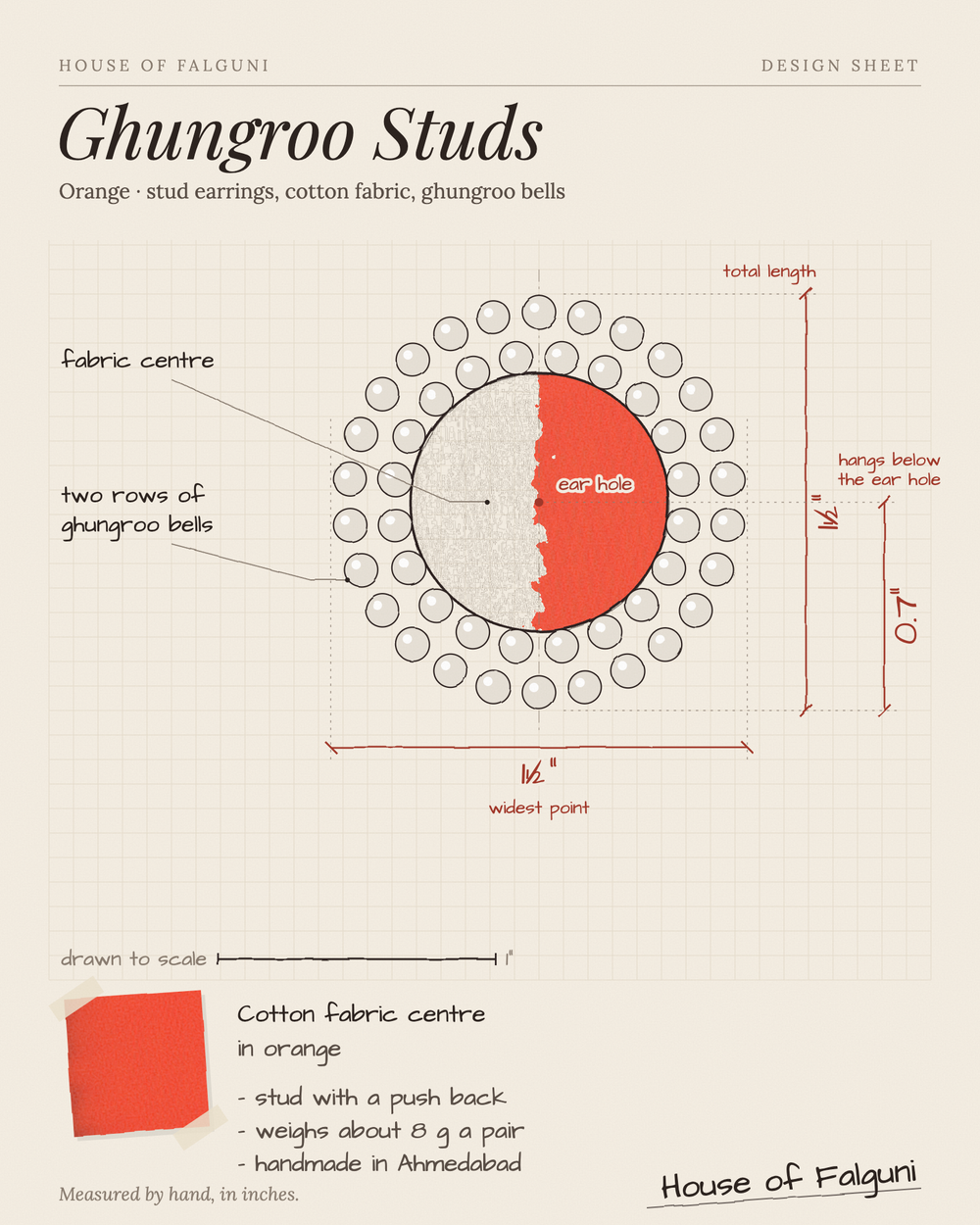 Size sketch of the Orange Ghungroo Stud Earrings, drawn to scale in inches: 1½ in long × 1½ in across, hangs 0.7 in, 8 g a pair. House of Falguni design sheet.