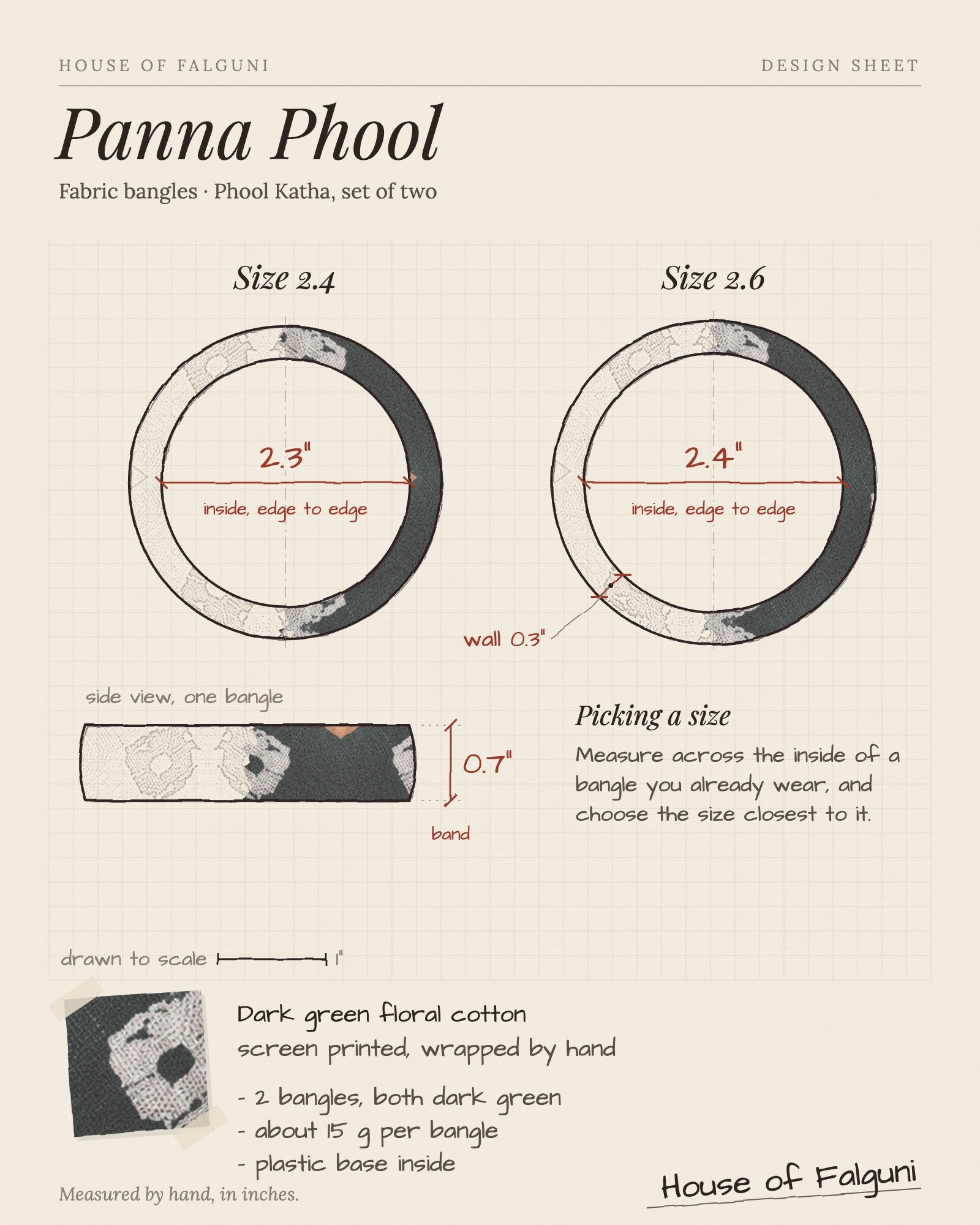 Size sketch of the Panna Phool Dark Green Floral Fabric Bangles, Set of 2, drawn to scale in inches: Size 2.4 = 2.3 in inside, Size 2.6 = 2.4 in inside. House of Falguni design sheet.