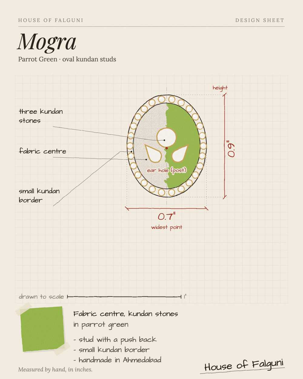 Size sketch of the Mogra Parrot Green Oval Kundan Studs, drawn to scale in inches: 0.9 in long × 0.7 in across, three kundan stones and a small kundan border. House of Falguni design sheet.