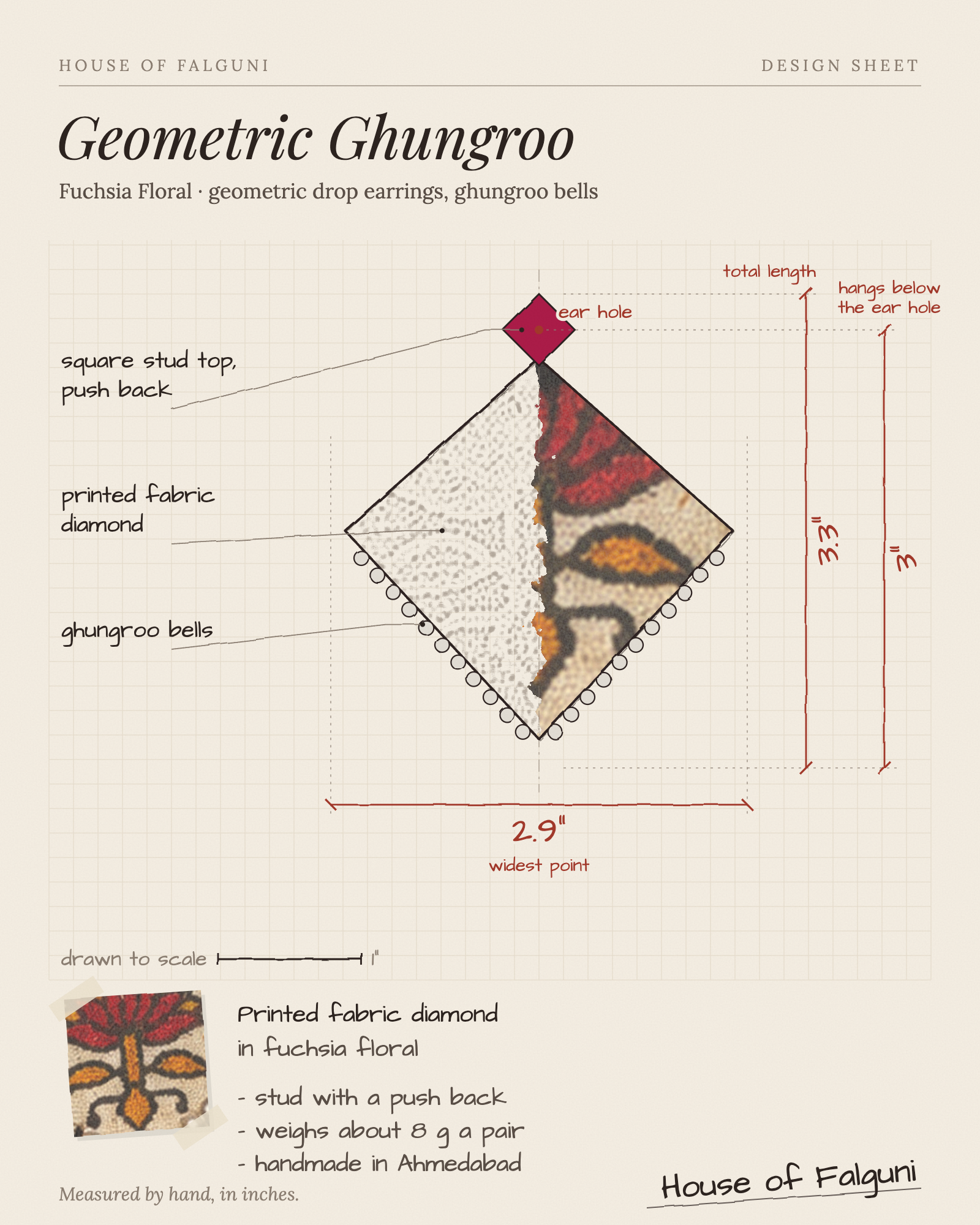Size sketch of the Fuchsia Floral Geometric Ghungroo Earrings, drawn to scale in inches: fuchsia square stud over a cream floral diamond, 3.3 in long × 2.9 in across, hangs 3 in, 8 g a pair. House of Falguni design sheet.