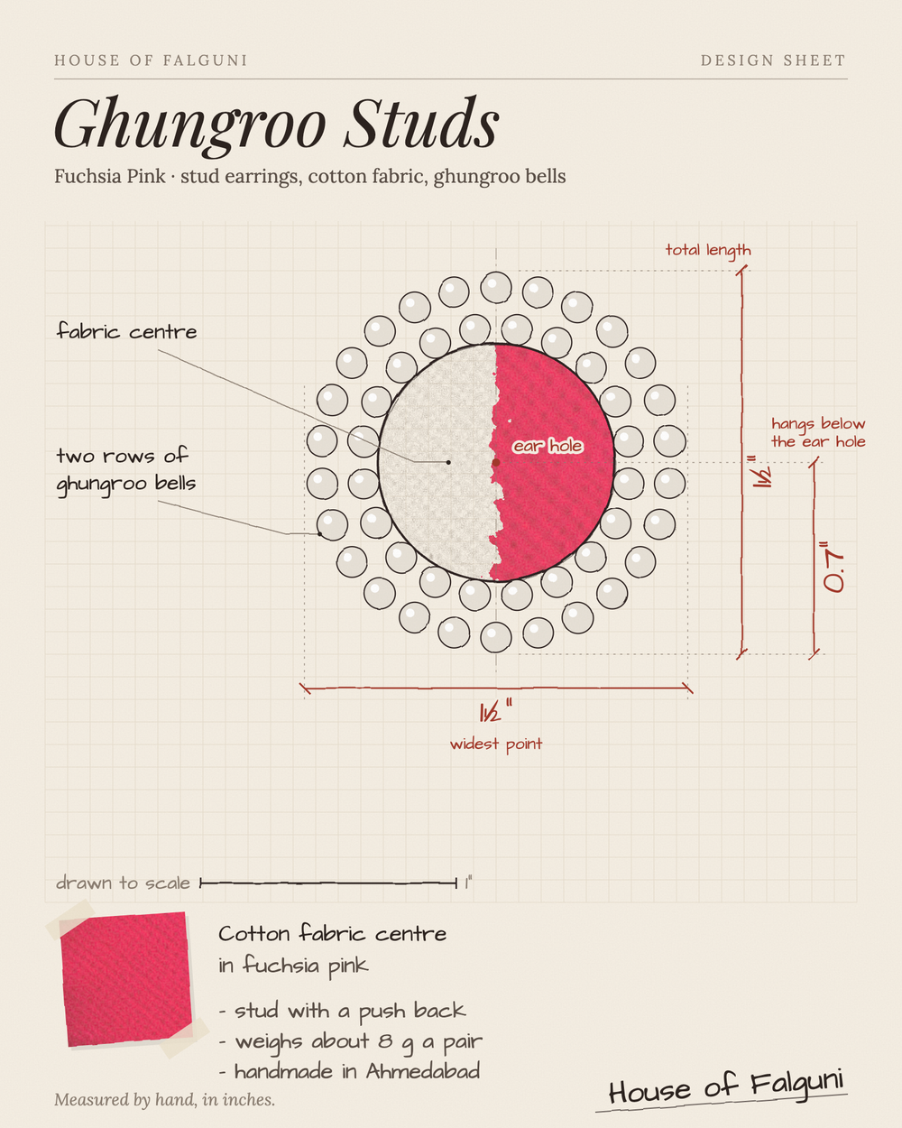 Size sketch of the Fuchsia Pink Ghungroo Stud Earrings, drawn to scale in inches: 1½ in long × 1½ in across, hangs 0.7 in, 8 g a pair. House of Falguni design sheet.