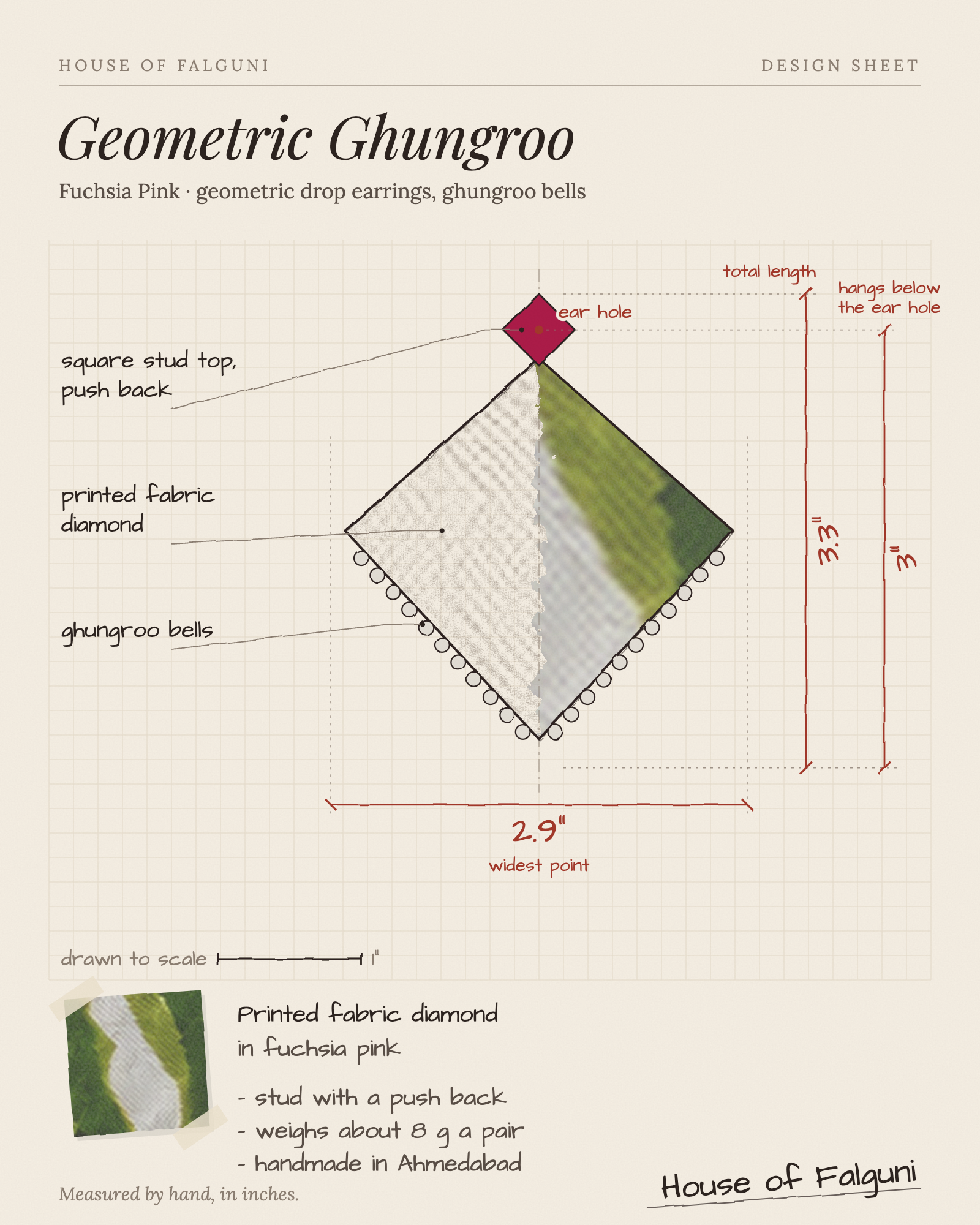Size sketch of the Fuchsia Pink Geometric Ghungroo Earrings, drawn to scale in inches: 3.3 in long × 2.9 in across, hangs 3 in, 8 g a pair. House of Falguni design sheet.