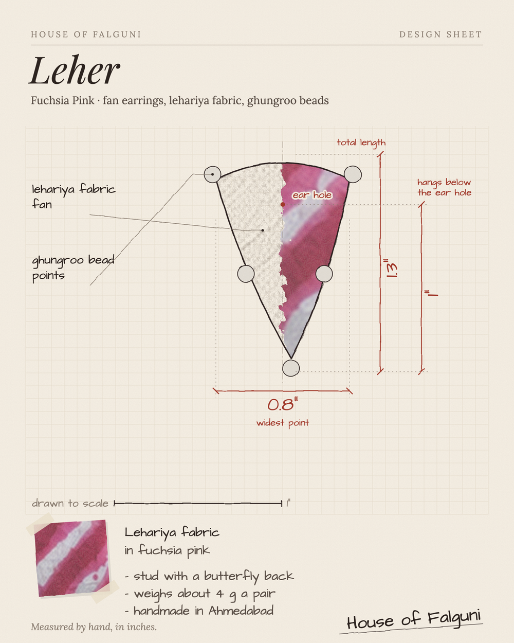 Size sketch of the Leher Fuchsia Pink Half Moon Earrings, drawn to scale in inches: 1.3 in long × 0.8 in across, hangs 1 in, 4 g a pair. House of Falguni design sheet.