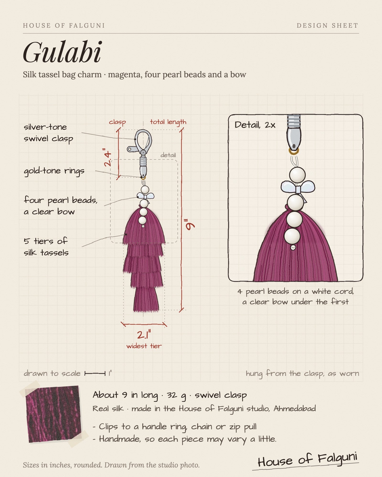 Size sketch of the Gulabi silk tassel bag charm: about 9 inches long, 32 g, silver-tone swivel clasp
