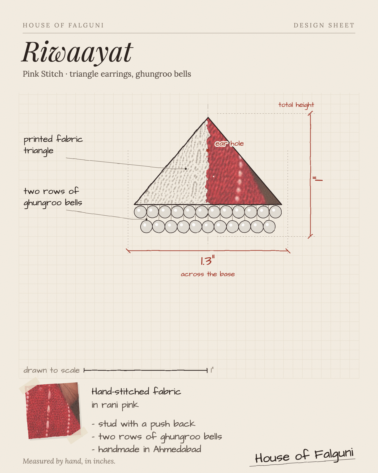 Size sketch of the Riwaayat Pink Stitch Triangle Earrings, drawn to scale in inches: 1 in tall × 1.3 in across the base, two rows of ghungroo bells. House of Falguni design sheet.