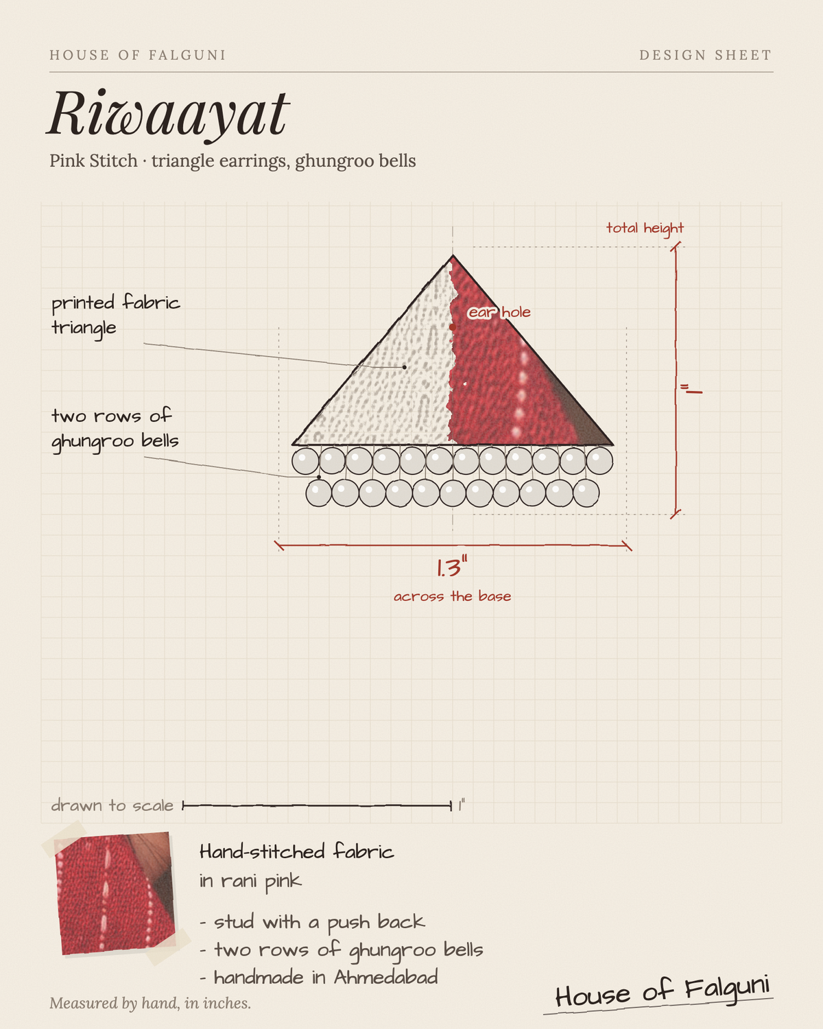 Size sketch of the Riwaayat Pink Stitch Triangle Earrings, drawn to scale in inches: 1 in tall × 1.3 in across the base, two rows of ghungroo bells. House of Falguni design sheet.
