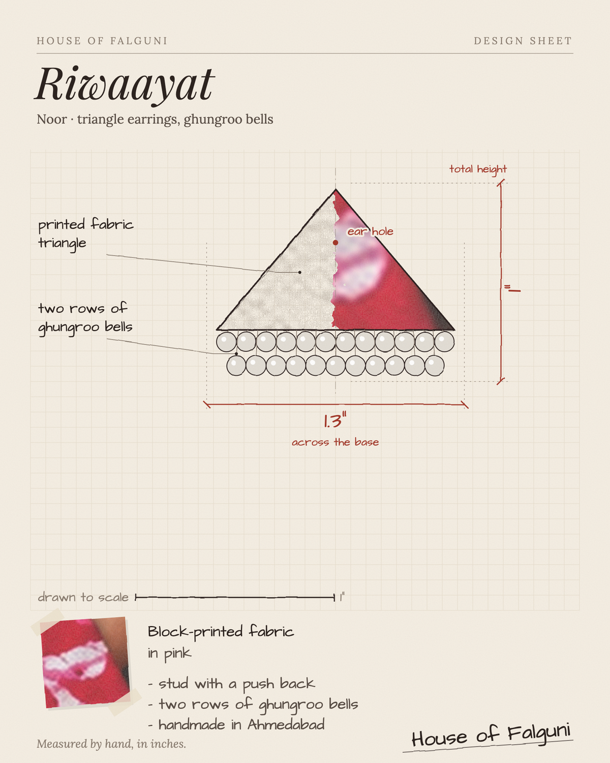 Size sketch of the Riwaayat Noor Pink Triangle Earrings, drawn to scale in inches: 1 in tall × 1.3 in across the base, two rows of ghungroo bells. House of Falguni design sheet.