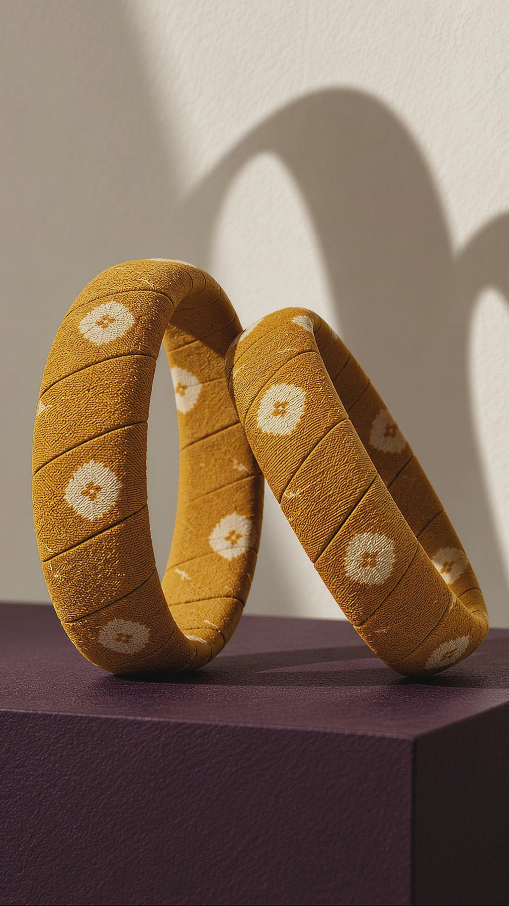 Haldi Phool mustard yellow floral fabric bangles standing on a plinth as soft sunlight shifts across the wall (AI-generated styling video)