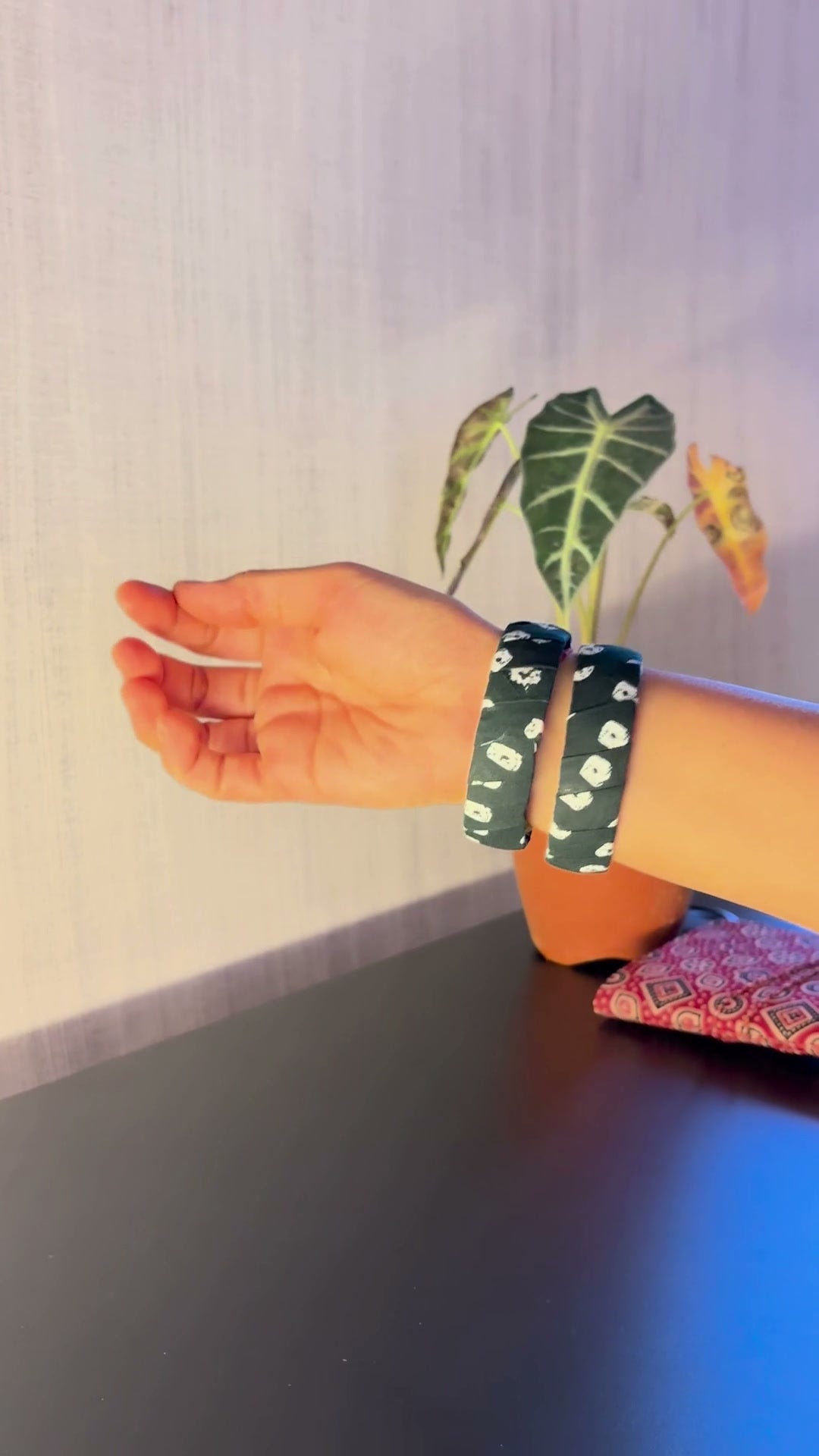 Panna Phool Dark Green Floral Fabric Bangles, Set of 2: Panna Phool dark green floral fabric bangles, a pair, slipped on and turned at the wrist