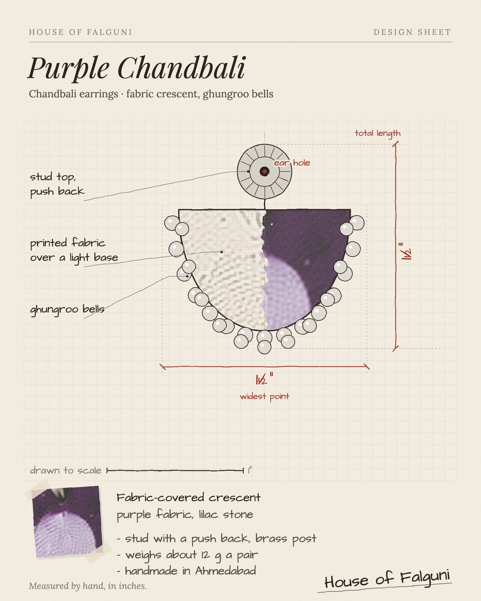 Size sketch of the Purple Chandbali Earrings with Ghungroo, drawn to scale in inches: 1½ in long × 1½ in across, 12 g a pair. House of Falguni design sheet.