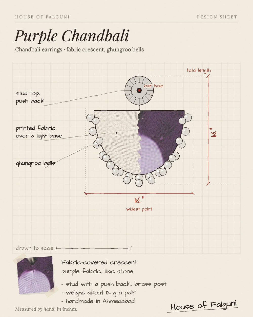 Size sketch of the Purple Chandbali Earrings with Ghungroo, drawn to scale in inches: 1½ in long × 1½ in across, 12 g a pair. House of Falguni design sheet.