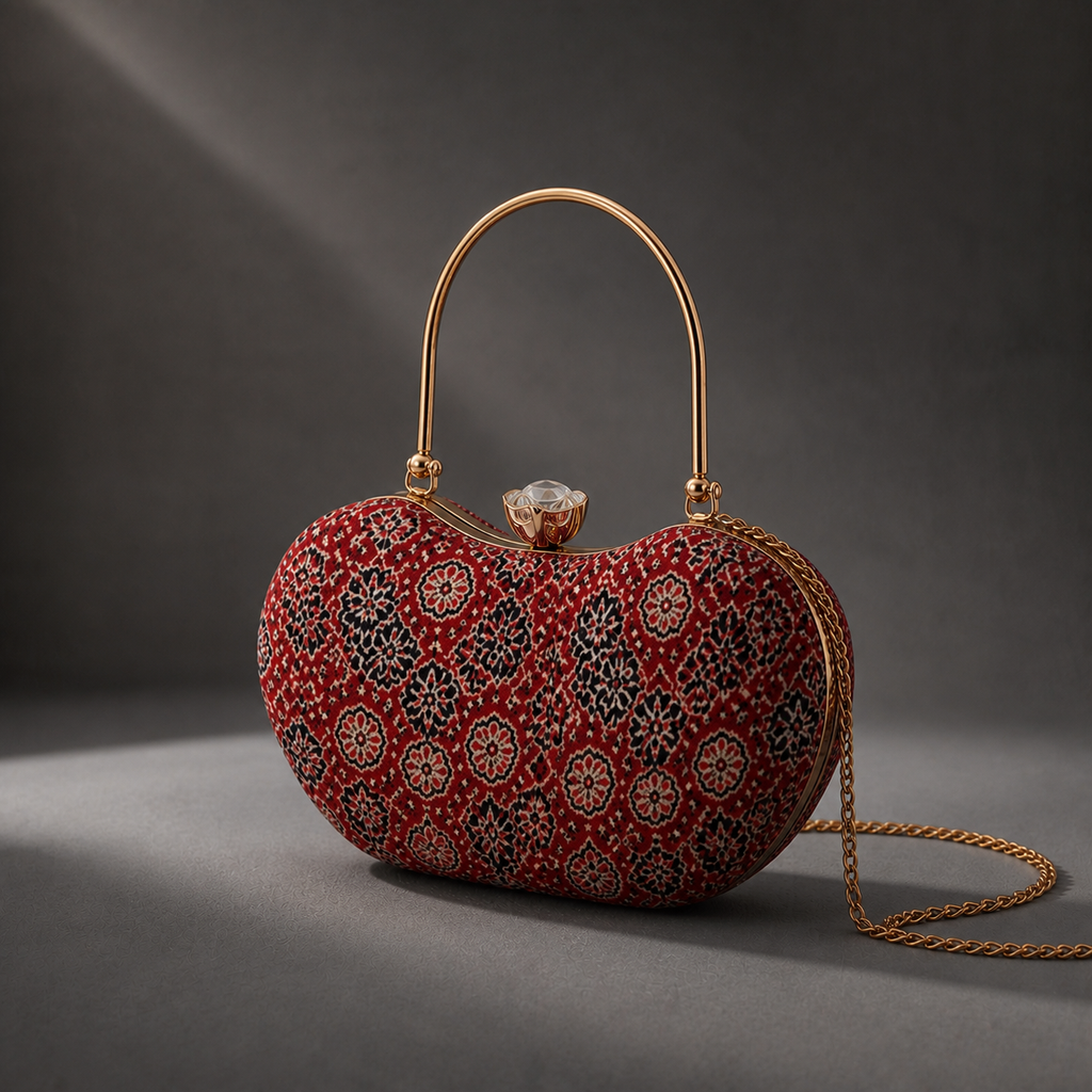 Rang Mahal red floral Mashru silk handbag in charcoal studio, with gold-tone top handle and detachable chain