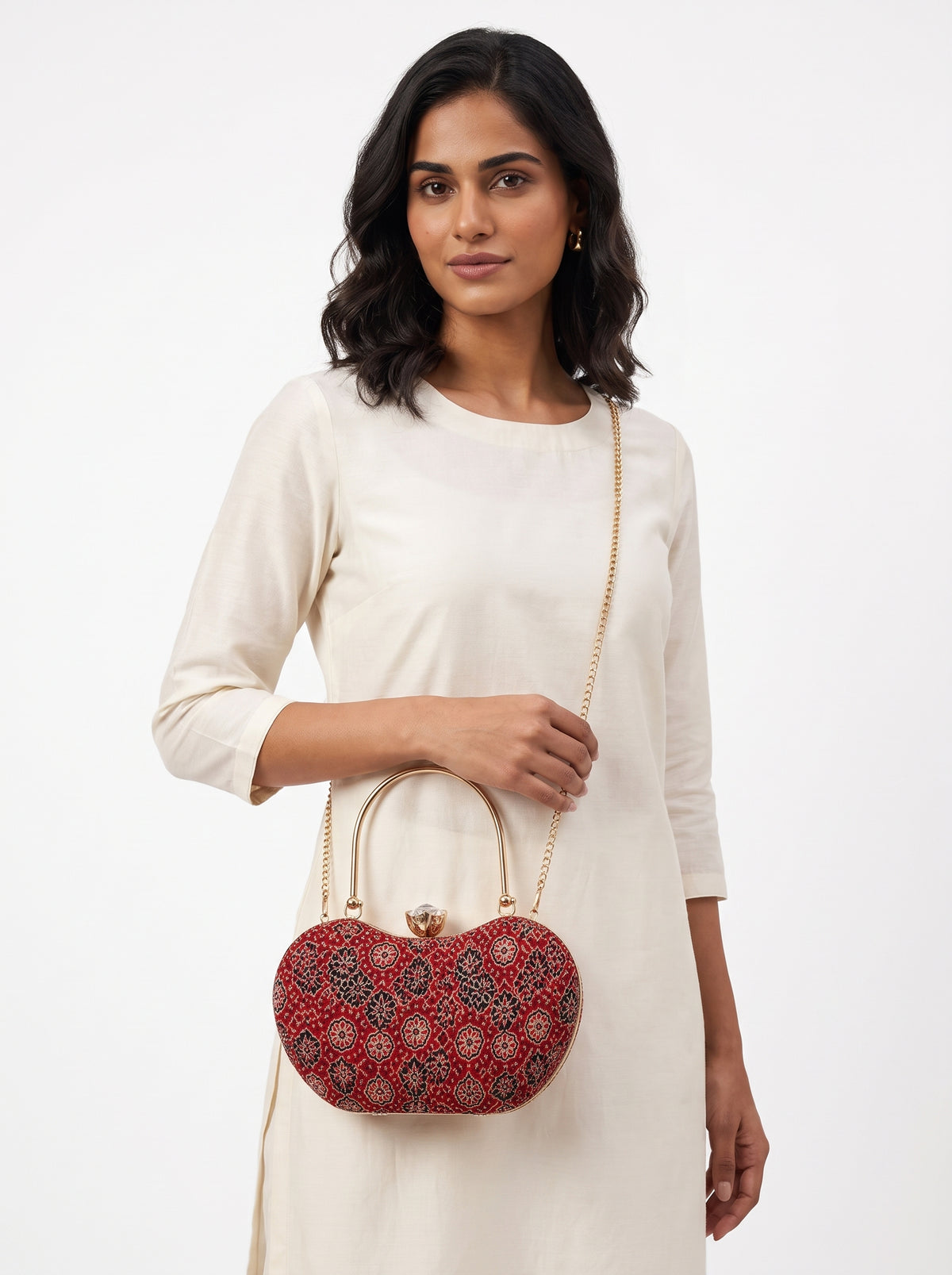 Rang Mahal Mashru Silk Handbag styled on model (AI-generated styling image)