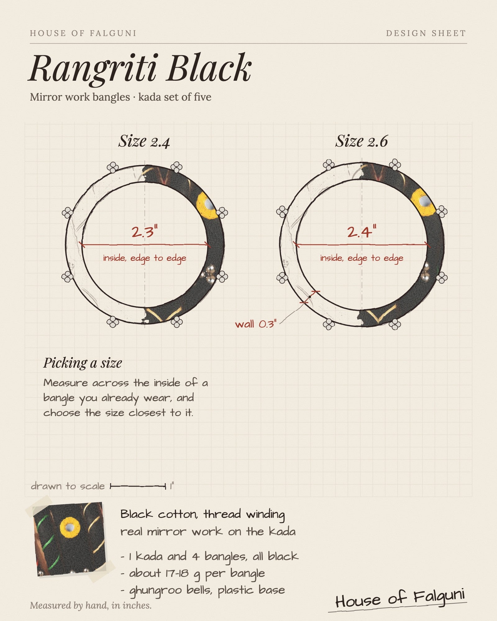 Size sketch of the Rangriti Black Mirror Work Bangles with Ghungroo, Kada Set of 5, drawn to scale in inches: Size 2.4 = 2.3 in inside, Size 2.6 = 2.4 in inside. House of Falguni design sheet.