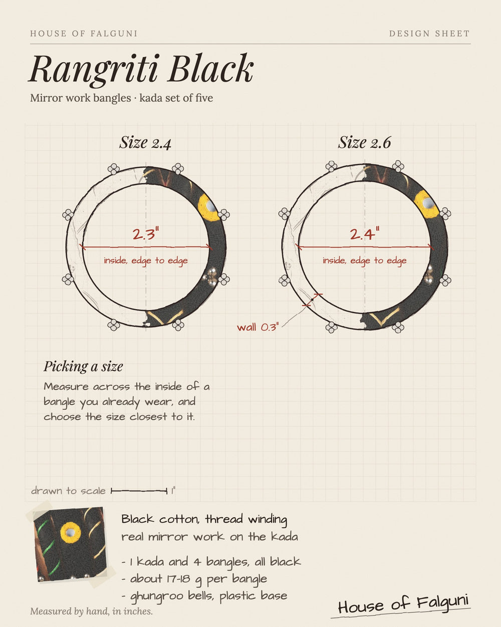 Size sketch of the Rangriti Black Mirror Work Bangles with Ghungroo, Kada Set of 5, drawn to scale in inches: Size 2.4 = 2.3 in inside, Size 2.6 = 2.4 in inside. House of Falguni design sheet.