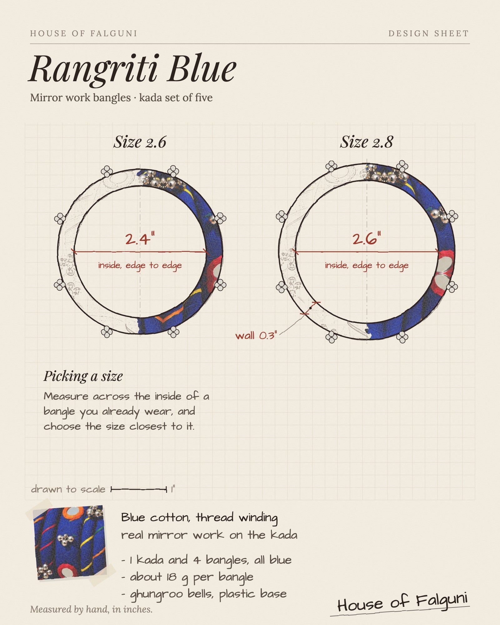 Size sketch of the Rangriti Blue Mirror Work Bangles with Ghungroo, Kada Set of 5, drawn to scale in inches: Size 2.6 = 2.4 in inside, Size 2.8 = 2.6 in inside. House of Falguni design sheet.