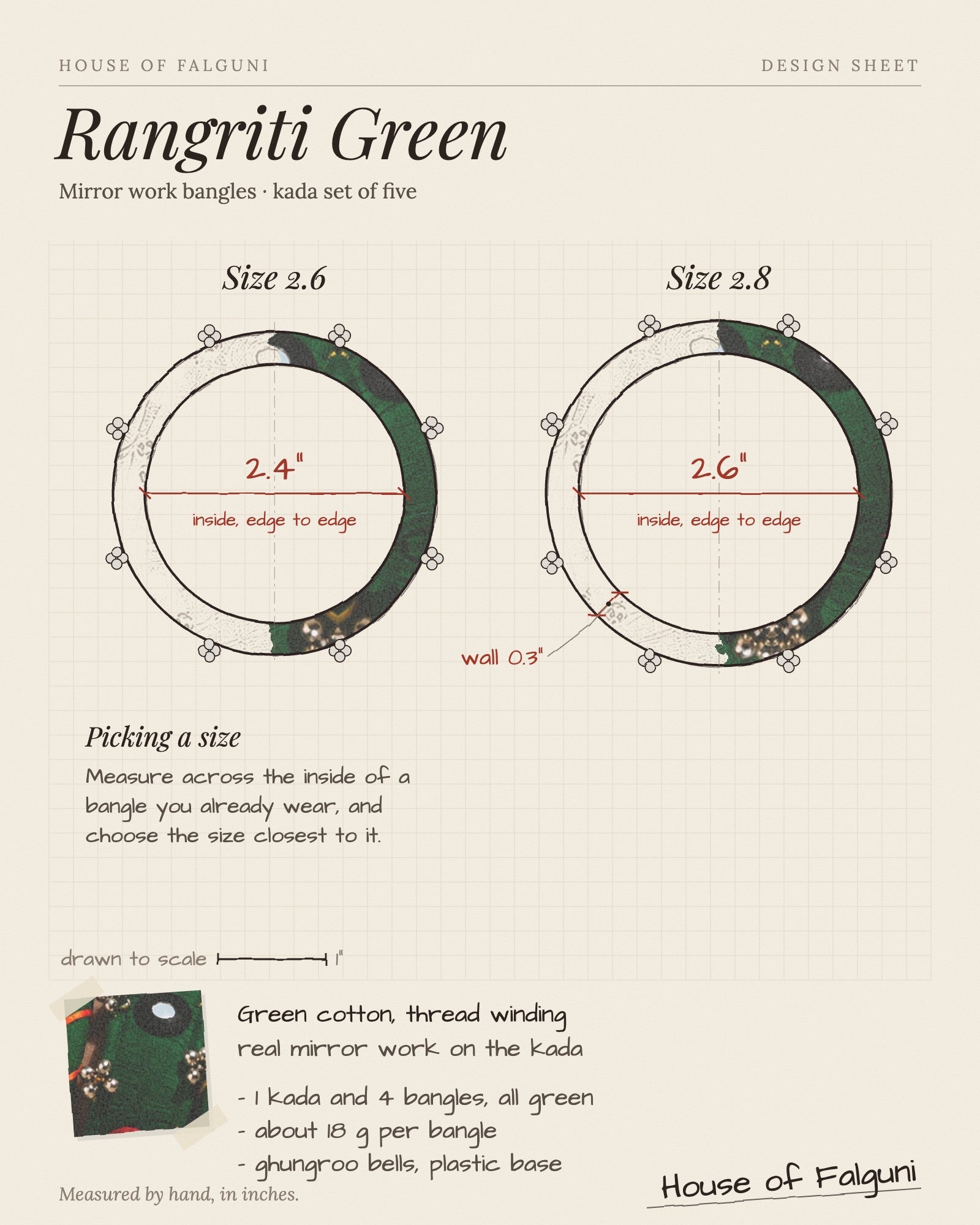 Size sketch of the Rangriti Green Mirror Work Bangles with Ghungroo, Kada Set of 5, drawn to scale in inches: Size 2.6 = 2.4 in inside, Size 2.8 = 2.6 in inside. House of Falguni design sheet.