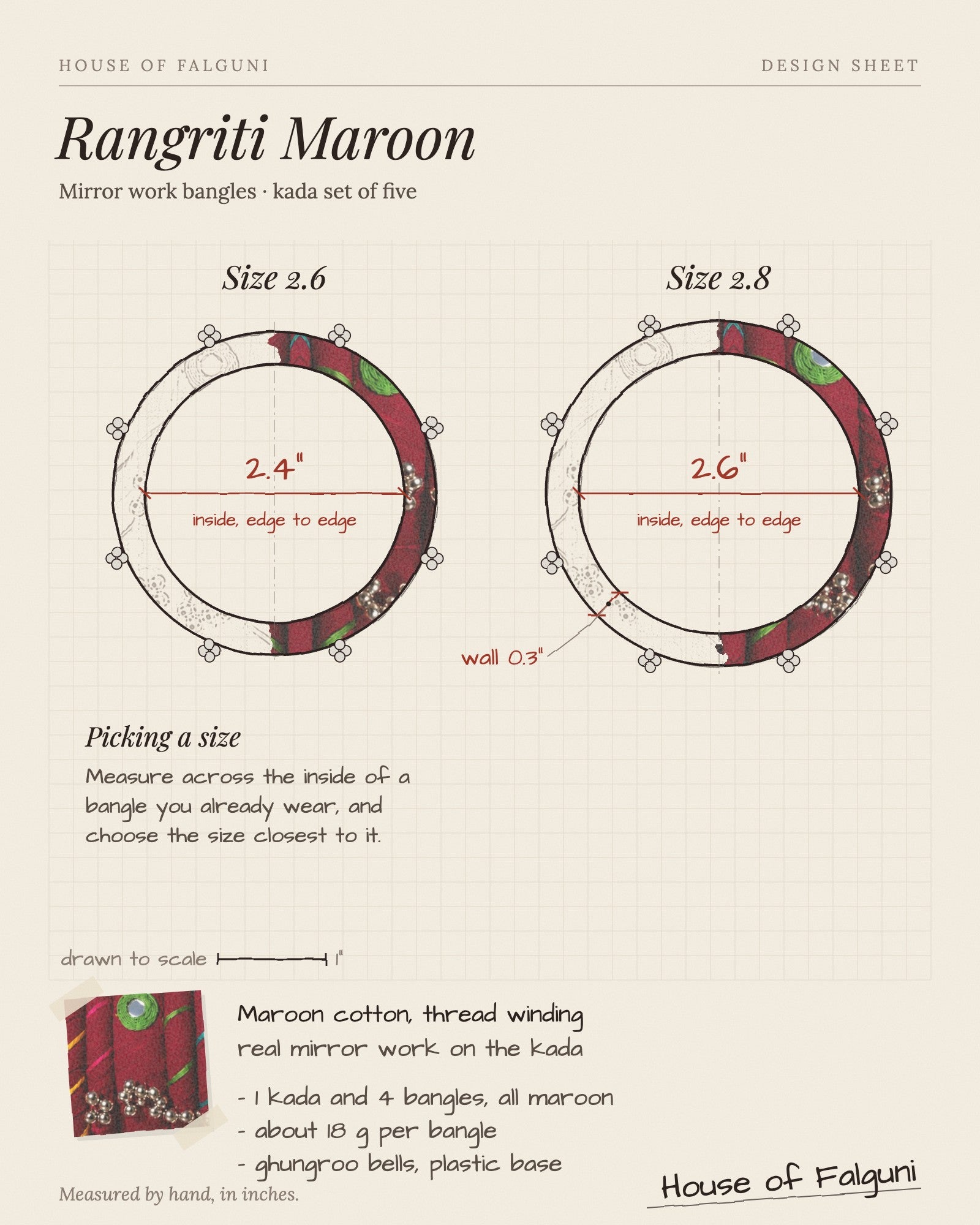 Size sketch of the Rangriti Maroon Mirror Work Bangles with Ghungroo, Kada Set of 5, drawn to scale in inches: Size 2.6 = 2.4 in inside, Size 2.8 = 2.6 in inside. House of Falguni design sheet.