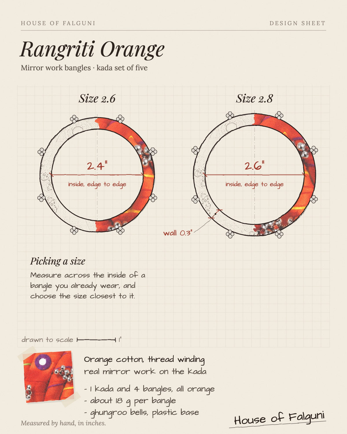 Size sketch of the Rangriti Orange Mirror Work Bangles with Ghungroo, Kada Set of 5, drawn to scale in inches: Size 2.6 = 2.4 in inside, Size 2.8 = 2.6 in inside. House of Falguni design sheet.