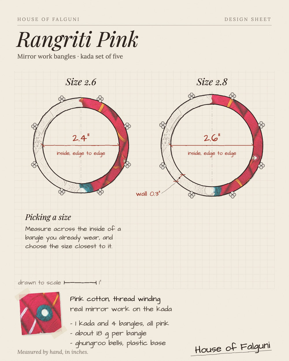 Size sketch of the Rangriti Pink Mirror Work Bangles with Ghungroo, Kada Set of 5, drawn to scale in inches: Size 2.6 = 2.4 in inside, Size 2.8 = 2.6 in inside. House of Falguni design sheet.