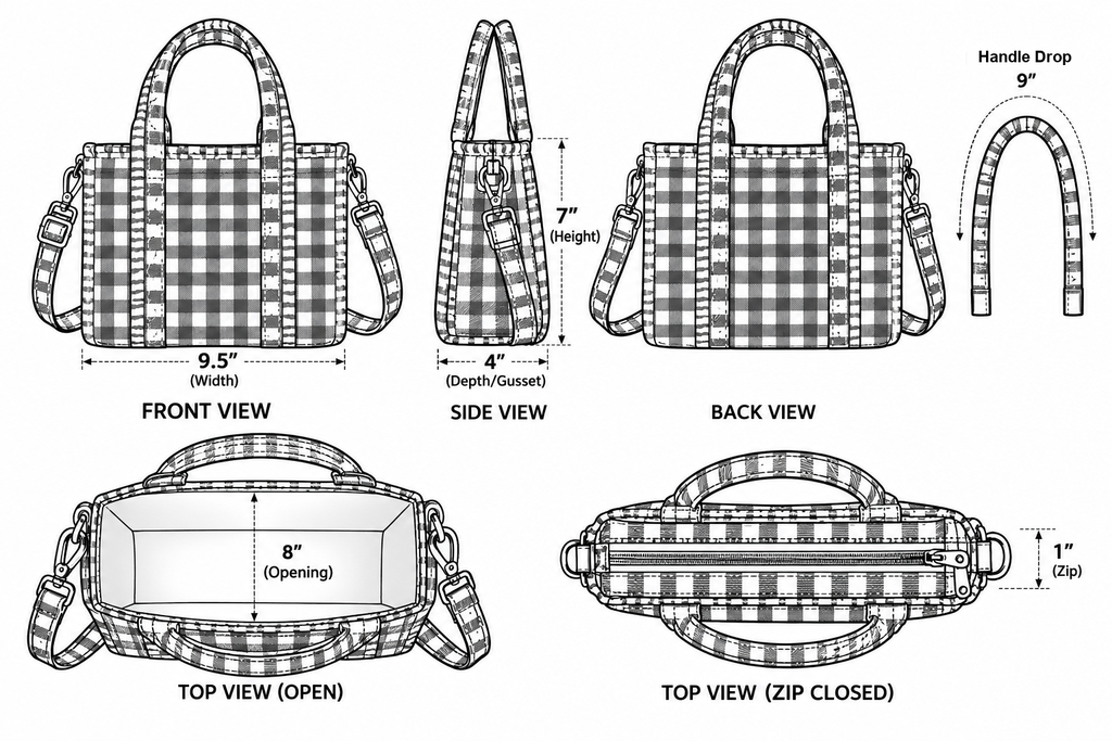 Rani quilted mini tote size chart: 9.5 in wide, 7 in tall, 4 in deep, opens to 8 in, 1 in zip, 9 in handle drop