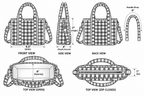 Rani quilted mini tote size chart: 9.5 in wide, 7 in tall, 4 in deep, opens to 8 in, 1 in zip, 9 in handle drop