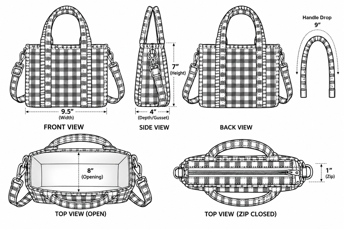 Rani quilted mini tote size chart: 9.5 in wide, 7 in tall, 4 in deep, opens to 8 in, 1 in zip, 9 in handle drop