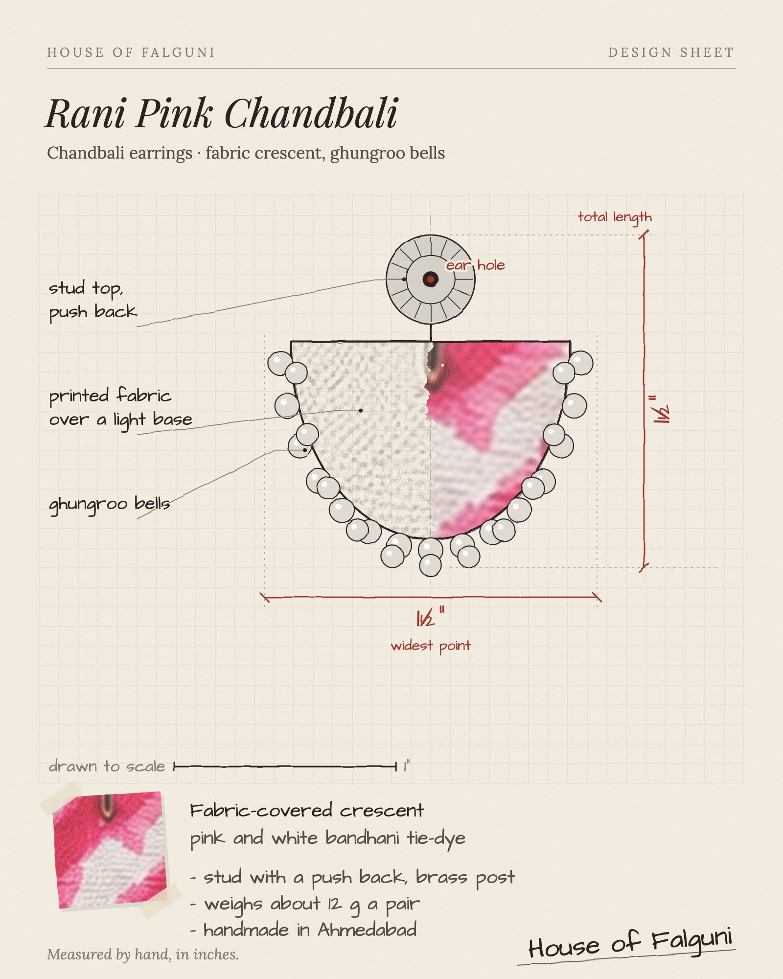 Size sketch of the Rani Pink Chandbali Earrings with Ghungroo, drawn to scale in inches: 1½ in long × 1½ in across, 12 g a pair. House of Falguni design sheet.