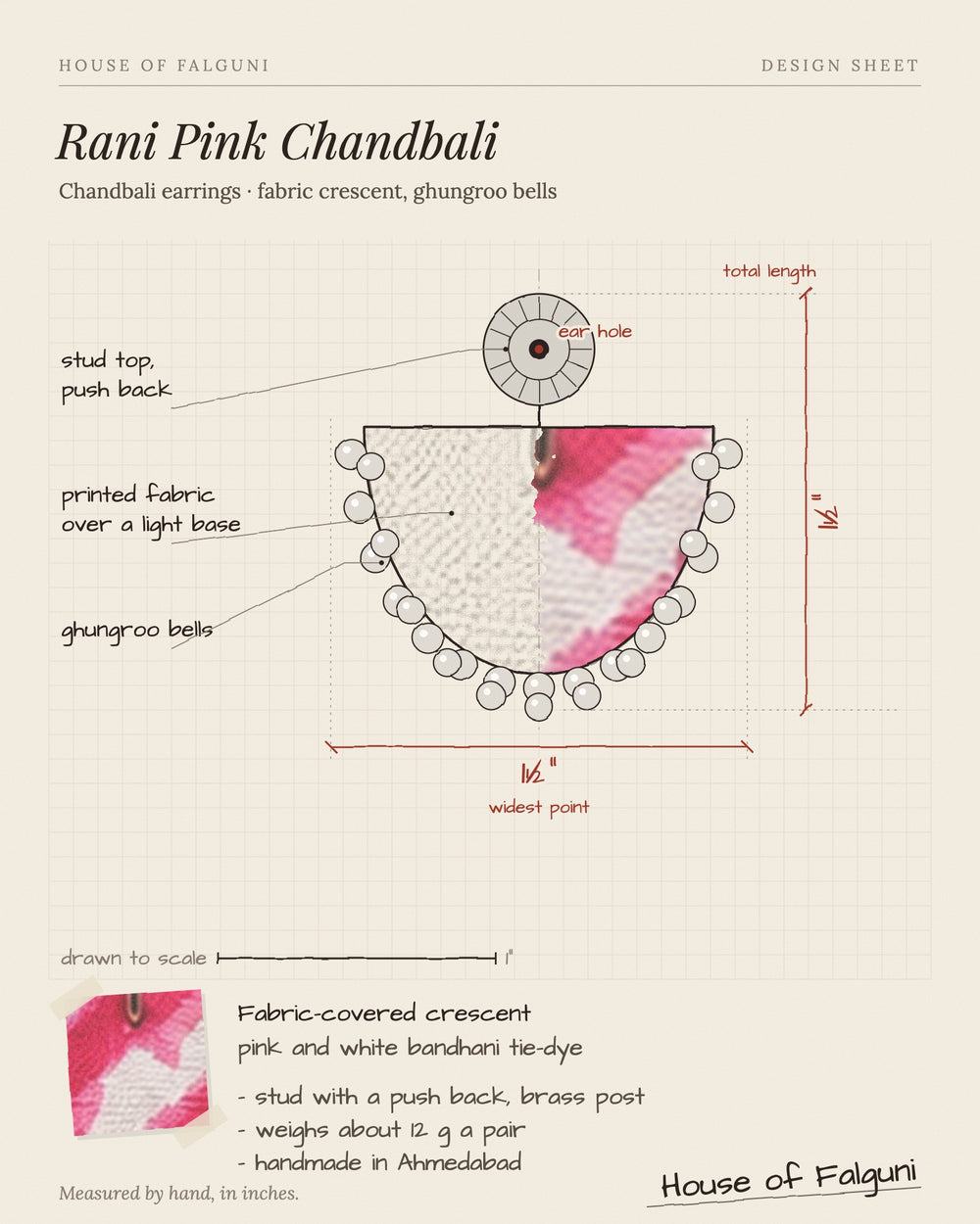 Size sketch of the Rani Pink Chandbali Earrings with Ghungroo, drawn to scale in inches: 1½ in long × 1½ in across, 12 g a pair. House of Falguni design sheet.