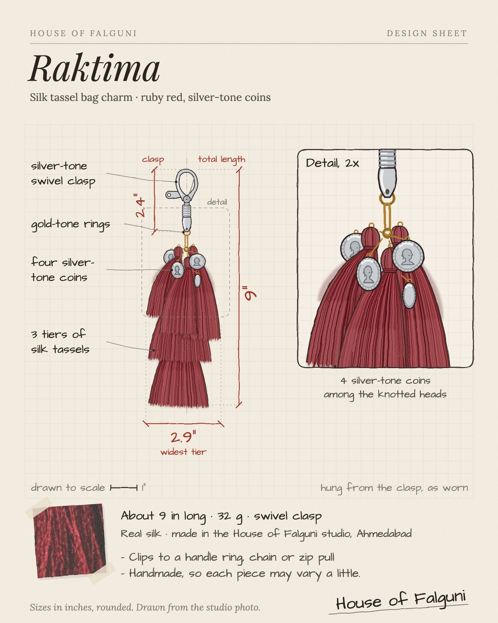 Size sketch of the Raktima silk tassel bag charm: about 9 inches long, 32 g, silver-tone swivel clasp