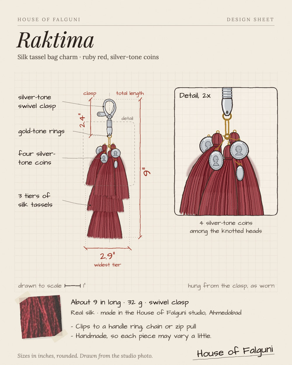 Size sketch of the Raktima silk tassel bag charm: about 9 inches long, 32 g, silver-tone swivel clasp