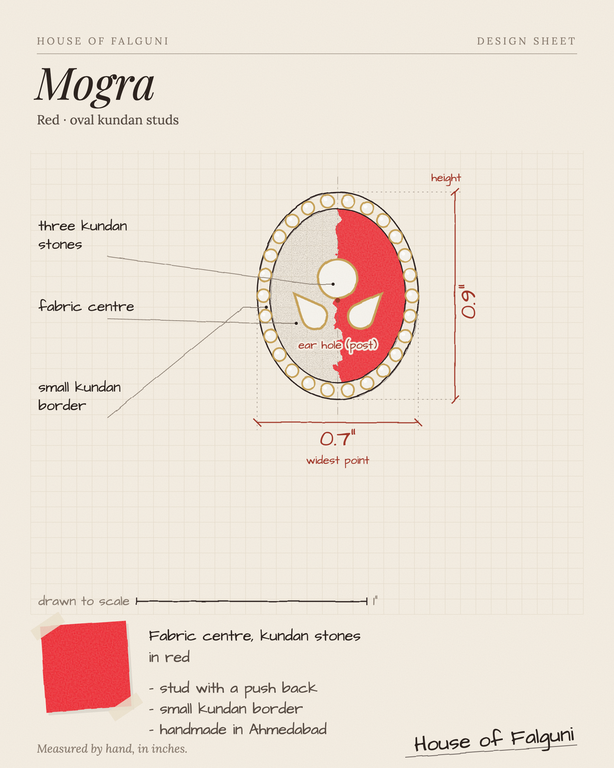 Size sketch of the Mogra Red Oval Kundan Studs, drawn to scale in inches: 0.9 in long × 0.7 in across, three kundan stones and a small kundan border. House of Falguni design sheet.