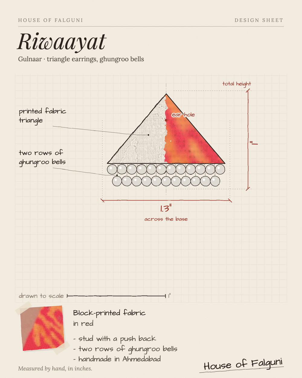 Size sketch of the Riwaayat Gulnaar Red Triangle Earrings, drawn to scale in inches: 1 in tall × 1.3 in across the base, two rows of ghungroo bells. House of Falguni design sheet.