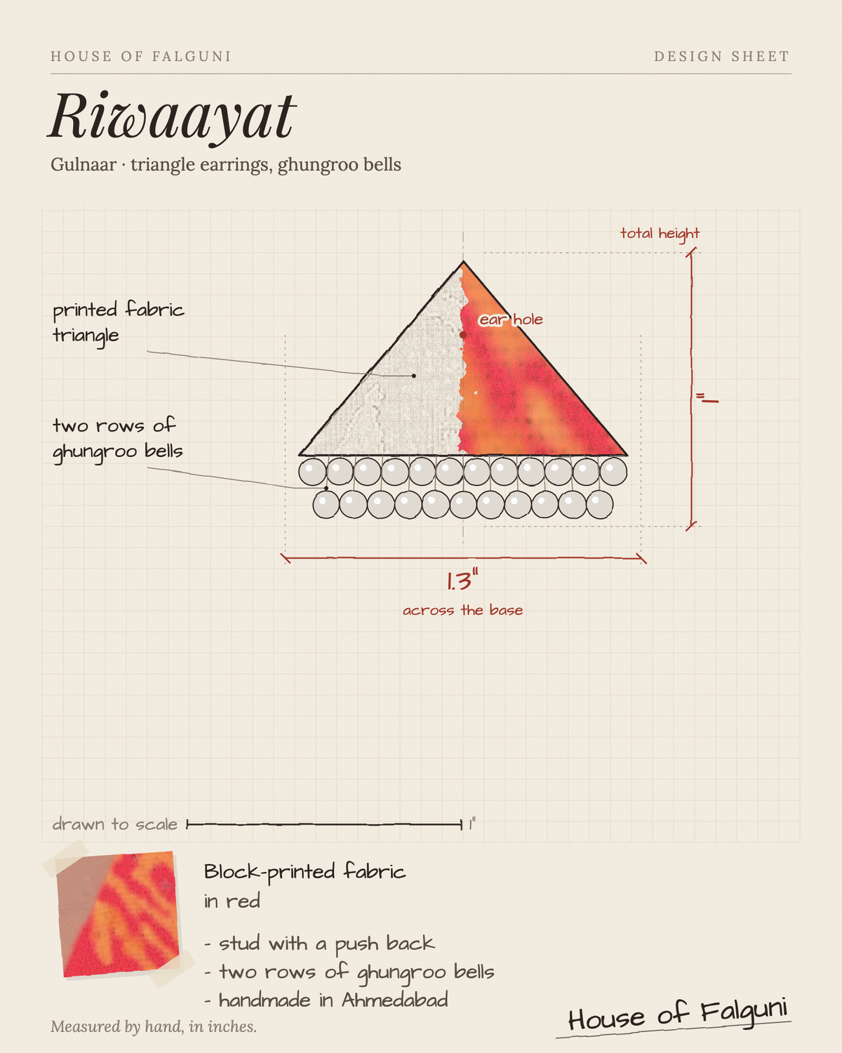Size sketch of the Riwaayat Gulnaar Red Triangle Earrings, drawn to scale in inches: 1 in tall × 1.3 in across the base, two rows of ghungroo bells. House of Falguni design sheet.