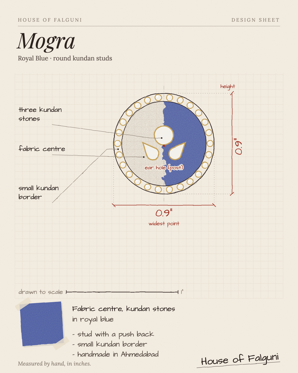 Size sketch of the Mogra Royal Blue Round Kundan Studs, drawn to scale in inches: 0.9 in across, three kundan stones and a small kundan border. House of Falguni design sheet.