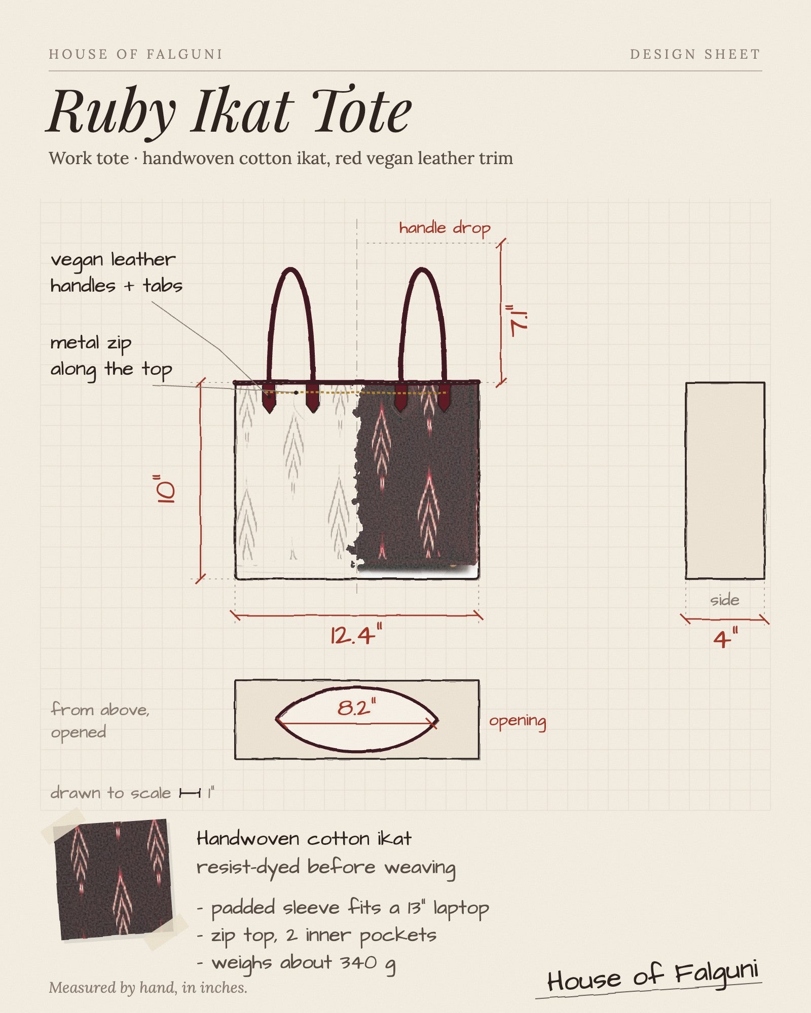 Size sketch of the Ruby Ikat Red Laptop Tote Bag, drawn to scale in inches: 12.4 × 10 × 4 in, 7.1 in handle drop. House of Falguni design sheet.
