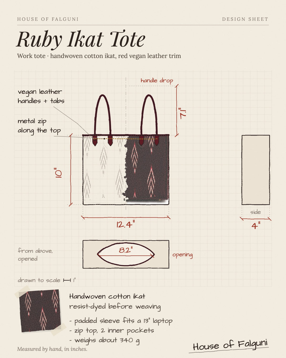 Size sketch of the Ruby Ikat Red Laptop Tote Bag, drawn to scale in inches: 12.4 × 10 × 4 in, 7.1 in handle drop. House of Falguni design sheet.