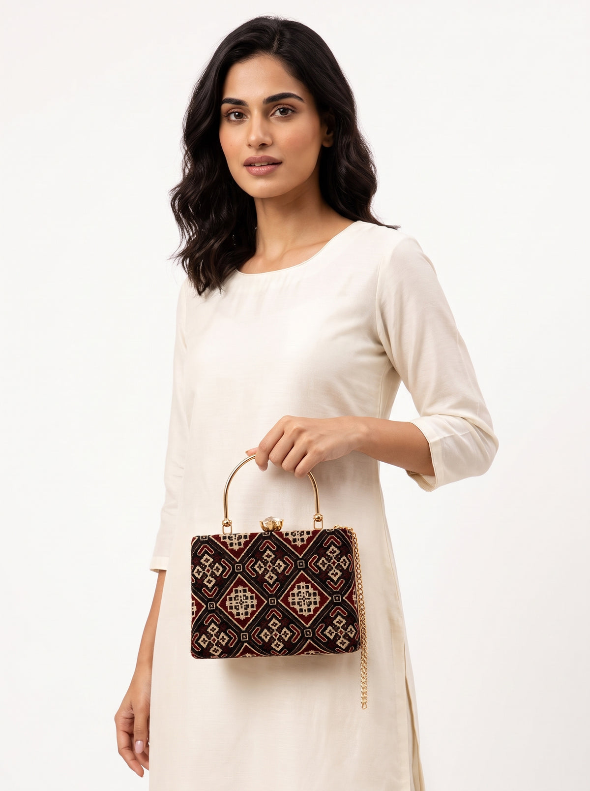 Ruhani Mashru Silk Handbag styled on model (AI-generated styling image)