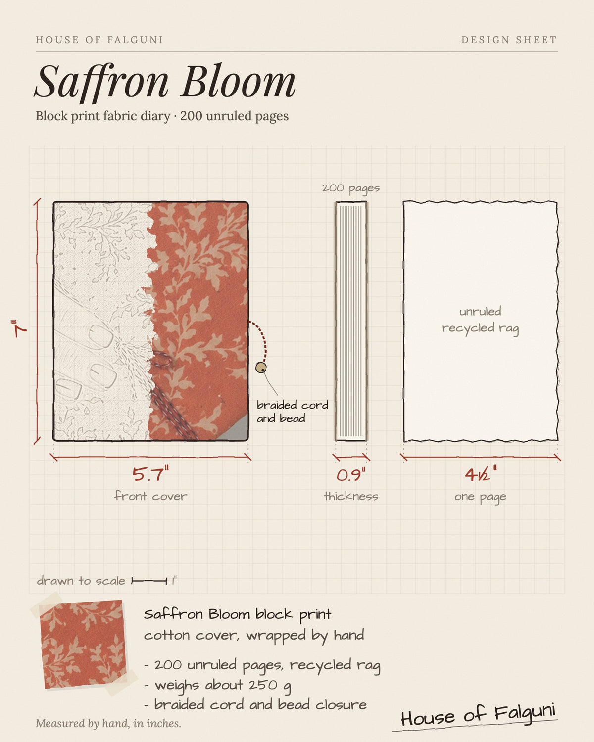 Size sketch of the Saffron Bloom Block Print Fabric Diary, 200 Unruled Pages, drawn to scale in inches: 5.7 × 7 in, 0.9 in thick, 200 pages, 250 g. House of Falguni design sheet.