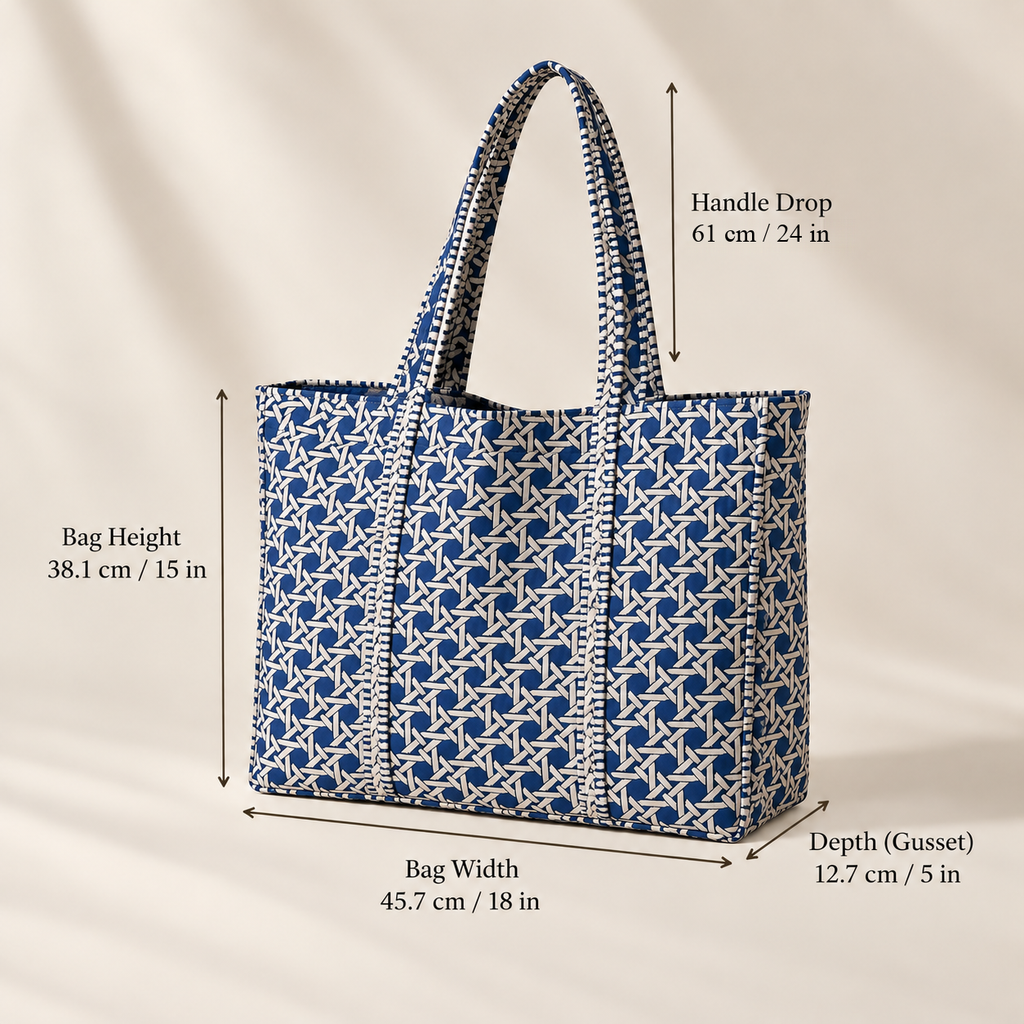 Samudra quilted tote size chart: 18 in (45.7 cm) wide, 15 in (38.1 cm) tall, 5 in (12.7 cm) deep, 24 in (61 cm) handle drop